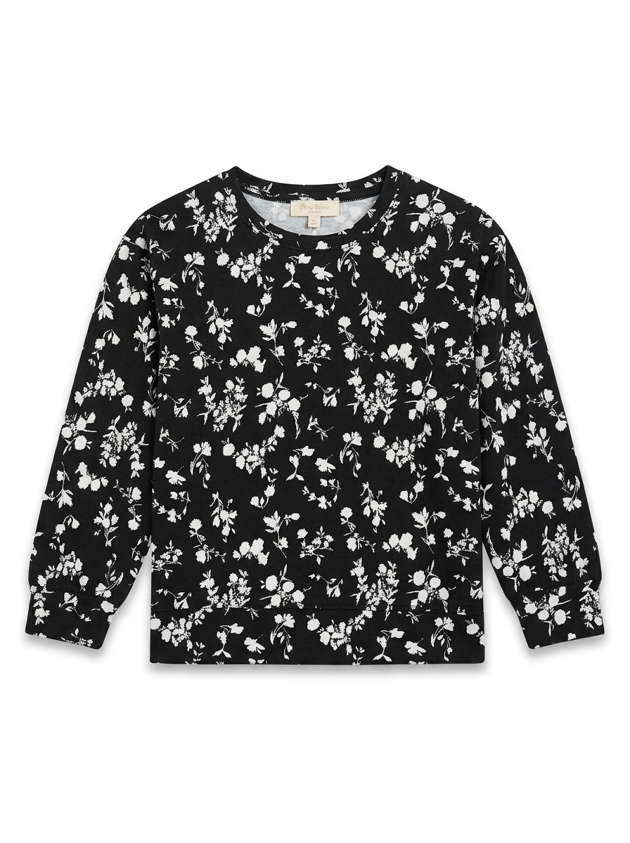 Girls' Black Floral Print Long-Sleeve Sweatshirt – Soft Crewneck Pullover