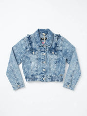 Girls Floral Acid Wash Denim Jacket with Ruffle Trim