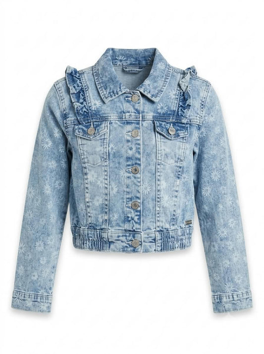 Girls Floral Acid Wash Denim Jacket with Ruffle Trim