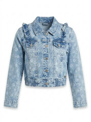 Girls Floral Acid Wash Denim Jacket with Ruffle Trim