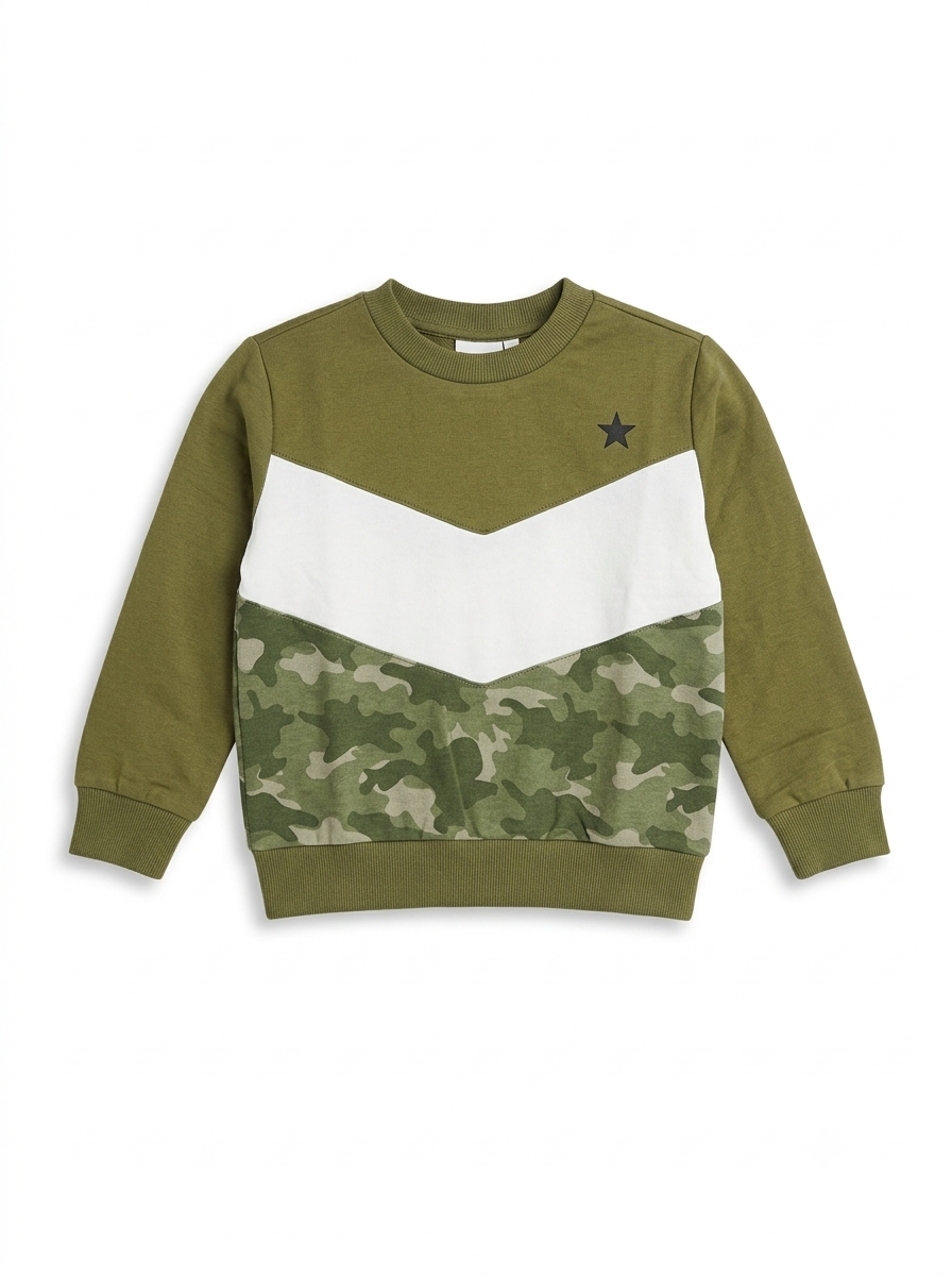Boys' Olive Green Camo Chevron Sweatshirt – Long Sleeve Pullover Crewneck