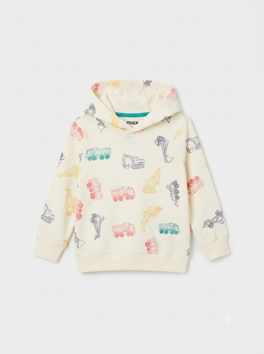 Boys' Construction Truck Print Fleece Hoodie | Cream Kids Pullover Sweatshirt