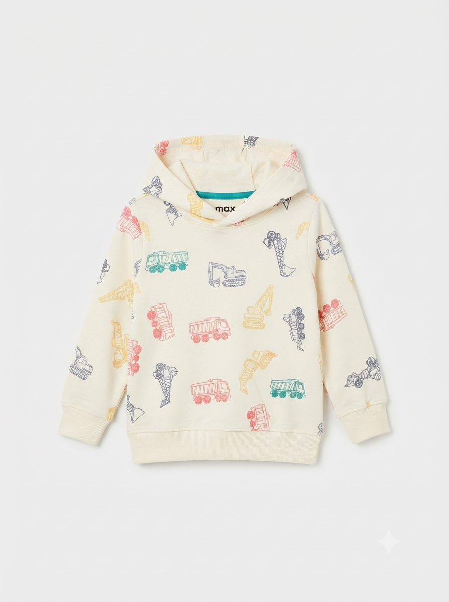 Boys' Construction Truck Print Fleece Hoodie | Cream Kids Pullover Sweatshirt