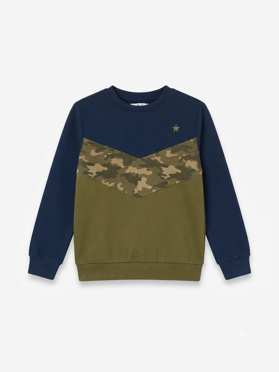 Boys' Color-Blocked Camo Sweatshirt | Navy and Olive Kids Pullover