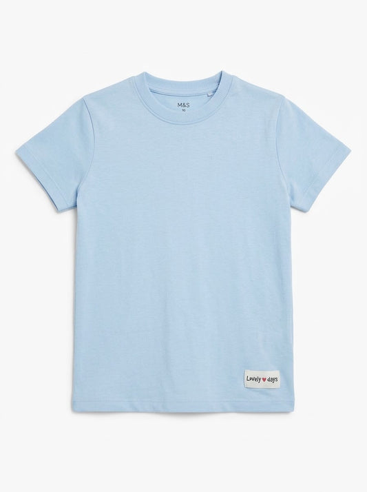 Girls' Light Blue Casual Short-Sleeve T-Shirt with "Lovely Days" Patch