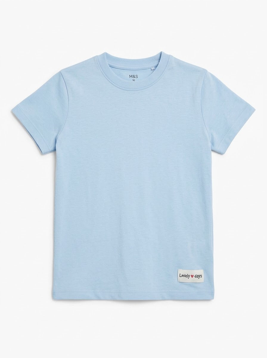 Girls' Light Blue Casual Short-Sleeve T-Shirt with "Lovely Days" Patch