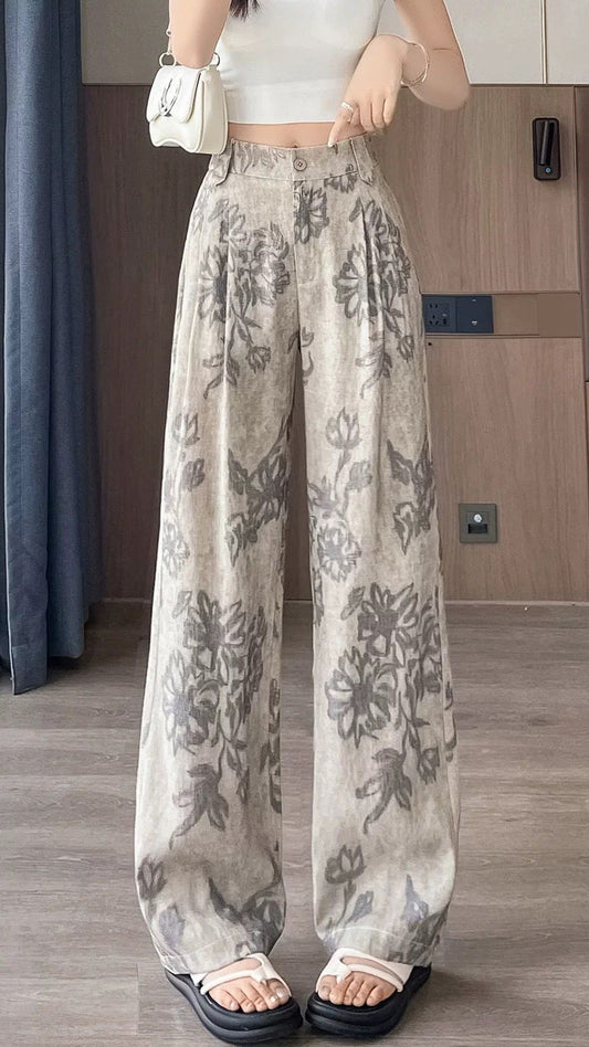 XIAONAI Womens Floral Printed Wide Leg Trousers