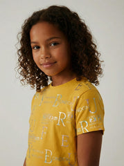 M&S Girls Shimmering Slogan Print Short Sleeve Cotton T Shirt