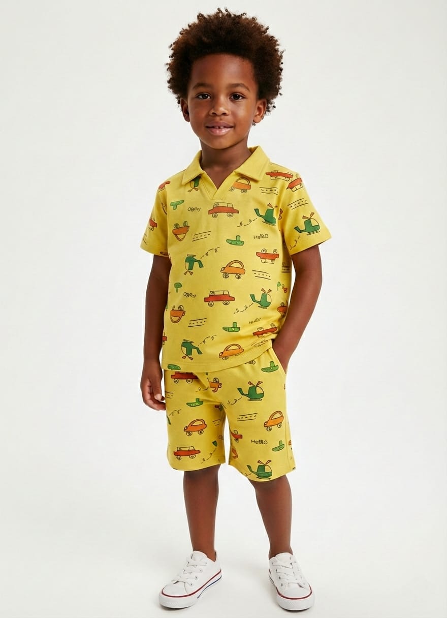 RESERVED Boys Yellow Car & Vehicle Print Polo & Shorts Set