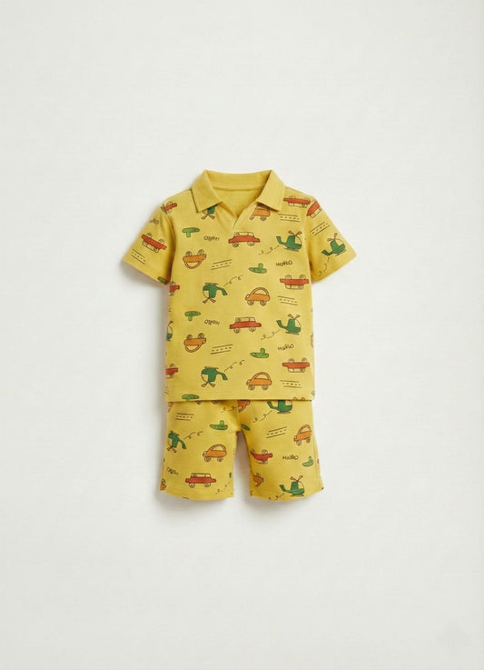 RESERVED Boys Yellow Car & Vehicle Print Polo & Shorts Set