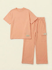M&S Girls Everyday Essential Peach T Shirt & Cargo Set
