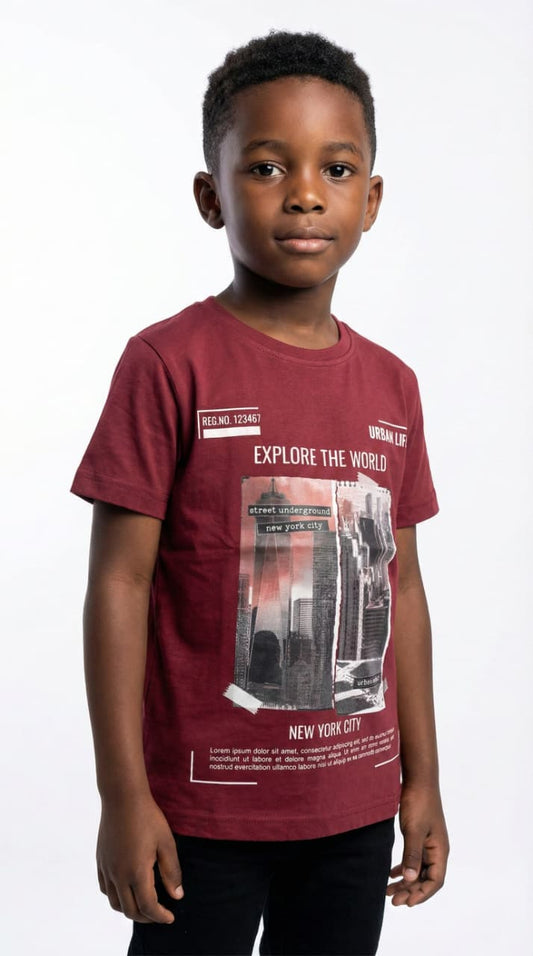 ALOHA Boys Maroon New York City Explore The World Short Sleeve Graphic T Shirt