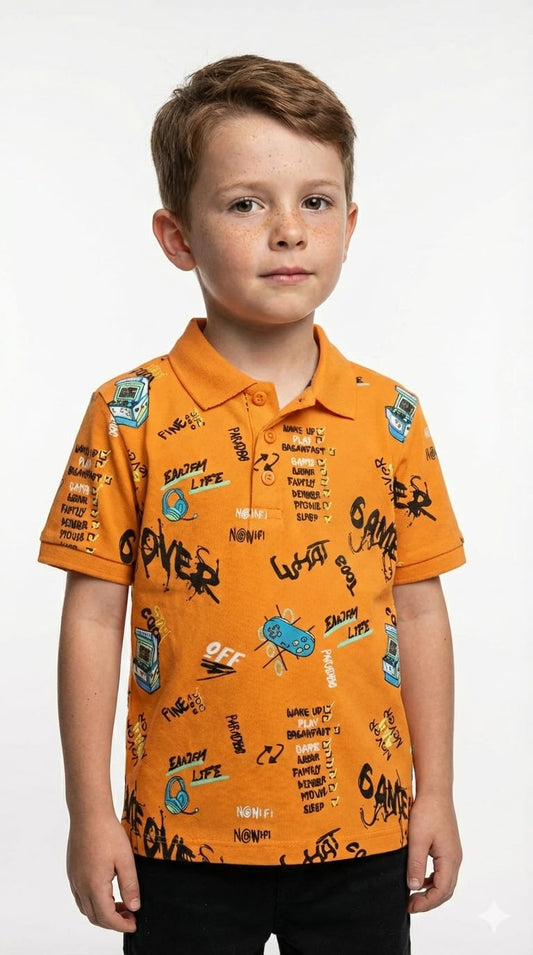 OKAIDI Boys Game On Graphic Print Orange Polo