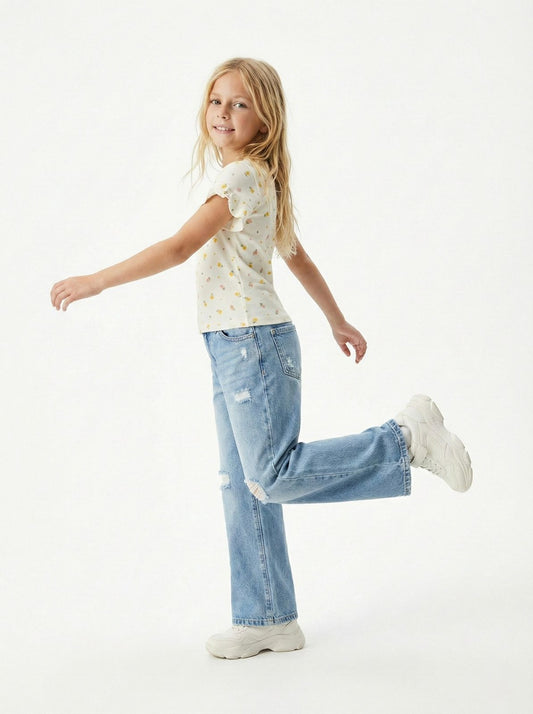 NAME IT Girls Textured Floral Text Tee