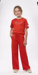 M&S Girls Playful Red Two-Piece Slit Sleeve Top & Wide-Leg Trousers Set