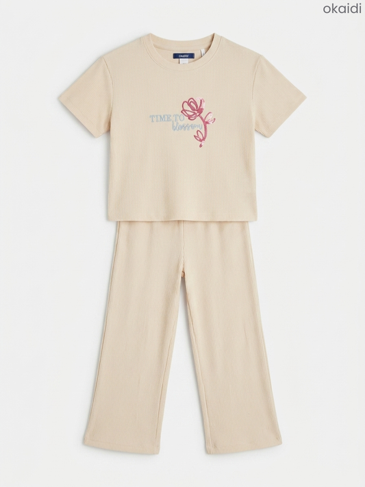 Okaidi Girls' Beige Ribbed T-Shirt and Pants Lounge Set – Floral Graphic Matching Set