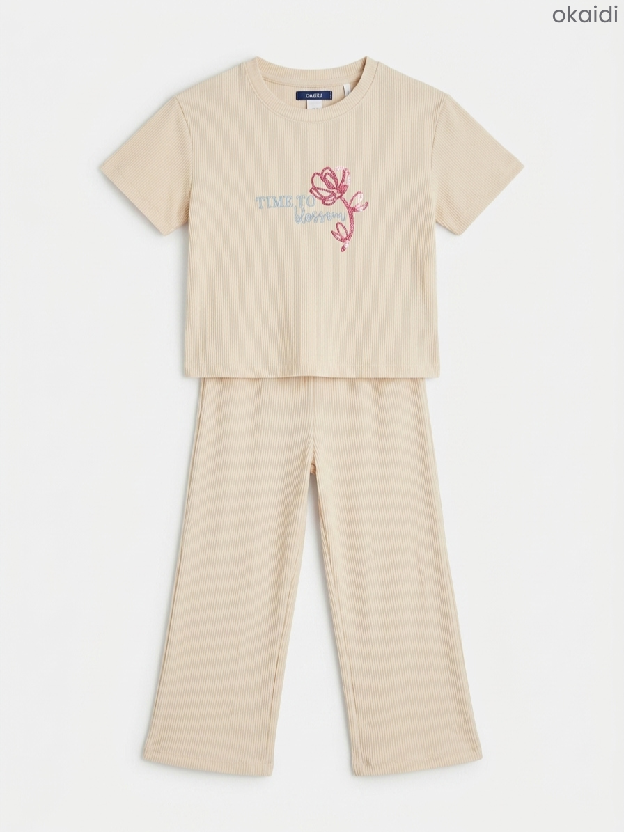 Okaidi Girls' Beige Ribbed T-Shirt and Pants Lounge Set – Floral Graphic Matching Set