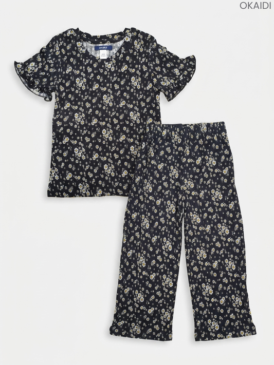 Girls' Floral Print Ruffle Top and Pants Set