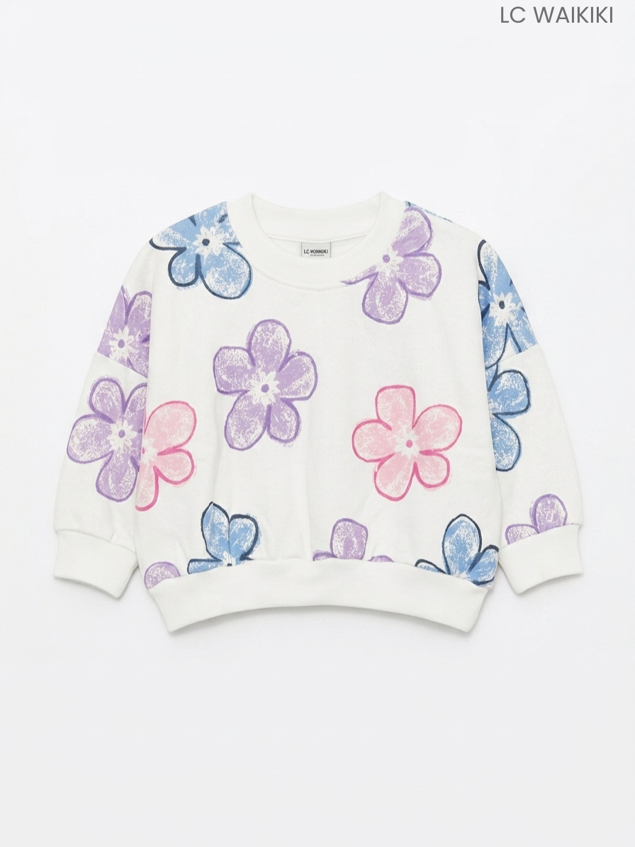 LC WAIKIKI Girls' Off-White Floral Print Sweatshirt