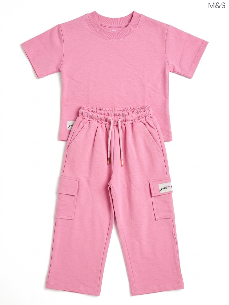 M&S Kids' Pink T-Shirt & Cargo Joggers Set | Matching Cotton Outfit