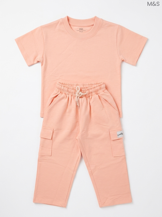 M&S Kids' Peach T-Shirt & Cargo Joggers Set | Matching Cotton Outfit