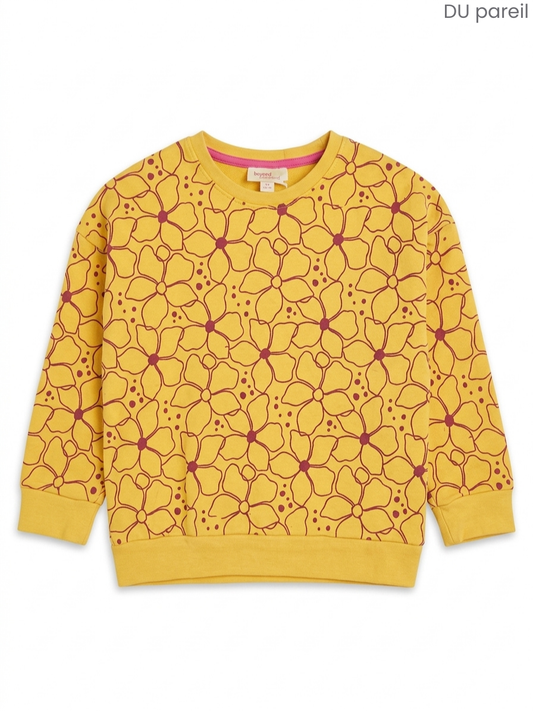 DU PAREIL Girls' Mustard Yellow Floral Sweatshirt | Printed Cotton Pullover