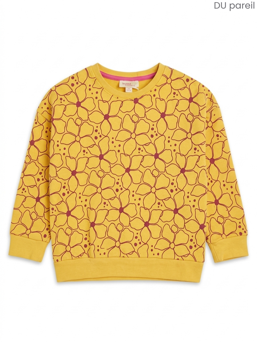 DU PAREIL Girls' Mustard Yellow Floral Sweatshirt | Printed Cotton Pullover