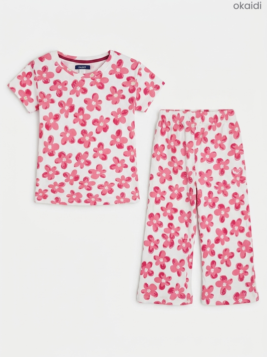 Okaidi Girls' Off-White Pink Floral Lounge Set | Ribbed Tee & Pants