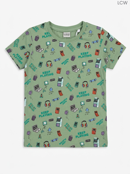 LC Waikiki "Keep Playing" Gamer Boys Sage Green T-Shirt