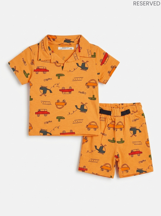 Reserved Boys Helicopter & Car Printed Mustard Polo Shirt and Shorts Set