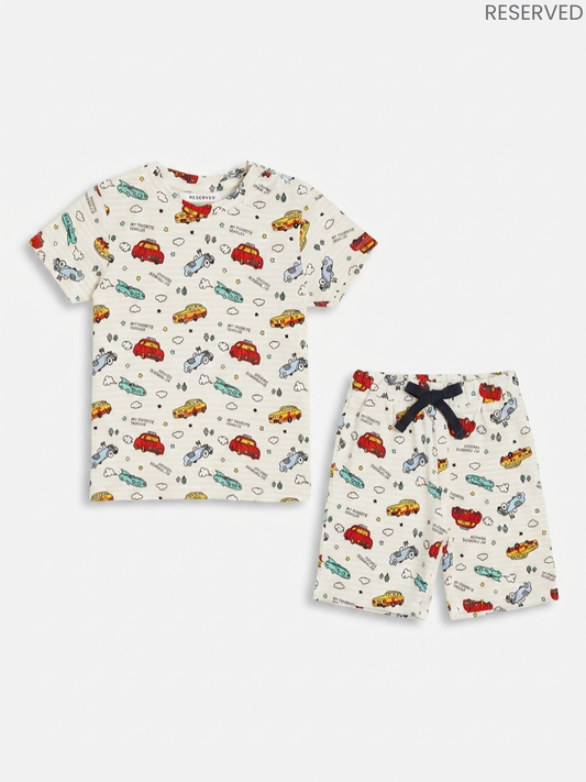 Reserved Boys Vintage Car & Vehicle Printed Off-White T-Shirt and Shorts Set