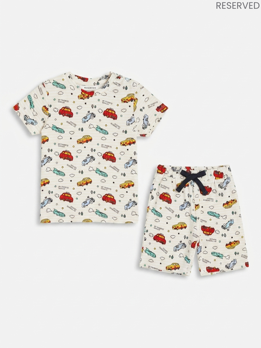 Reserved Boys Vintage Car & Vehicle Printed Off-White T-Shirt and Shorts Set