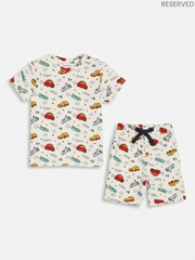 Reserved Boys Vintage Car & Vehicle Printed Off-White T-Shirt and Shorts Set