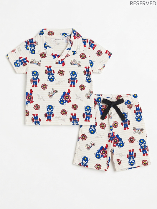 Reserved Boys Superhero Captain Printed Off-White Polo Shirt and Shorts Set