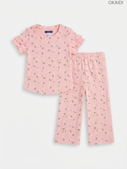 OKAIDI Girls Pink Floral Ribbed Top & Trousers 2-Piece Set