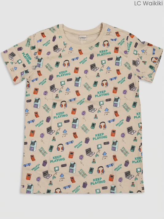 LC Waikiki Boys Beige Gaming & Tech Graphic T-Shirt