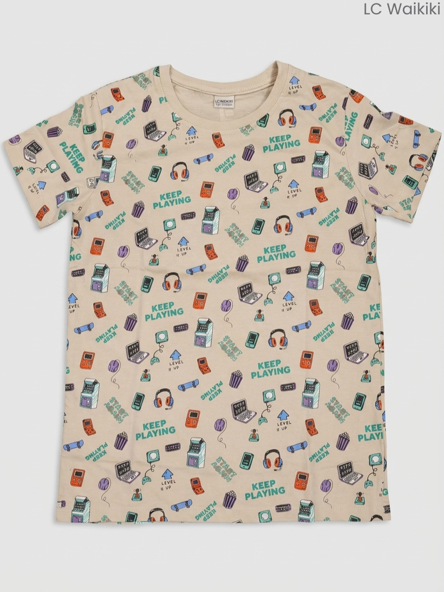 LC Waikiki Boys Beige Gaming & Tech Graphic T-Shirt