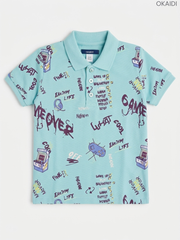 Okaïdi Boys Turquoise Graffiti & Gaming Printed Polo Shirt