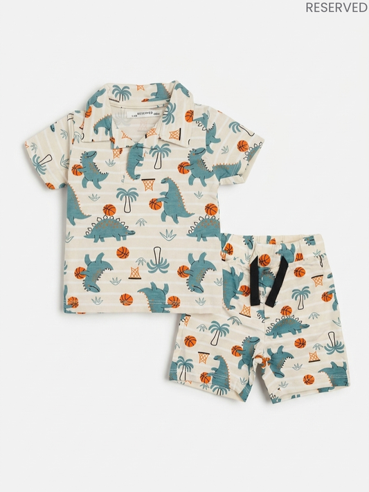 Reserved Kids Off-White Basketball Dinosaur Print Polo & Shorts 2-Piece Set