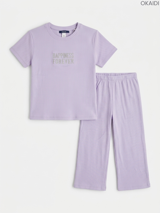 Girls' "Happiness Forever" Short Sleeve Top and Pants Set