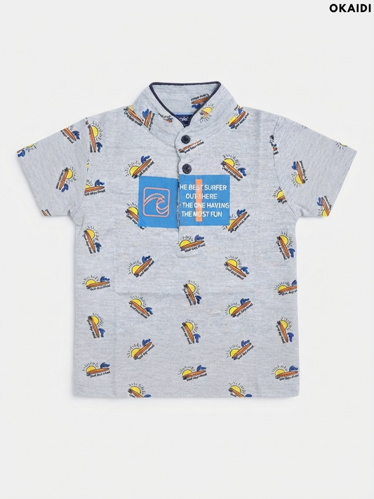 OKAIDI Boys' Grey Surf Print Polo Shirt | Casual Summer Kids Wear