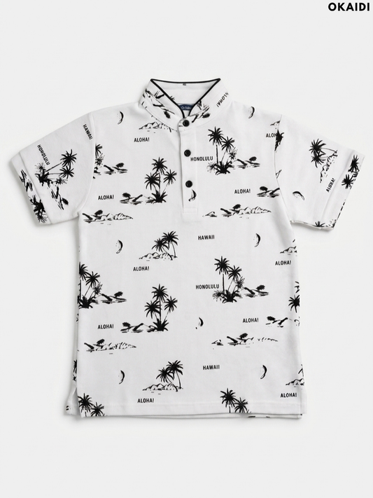 OKAIDI Boys' White Tropical Print Polo Shirt | Casual Summer Kids Wear