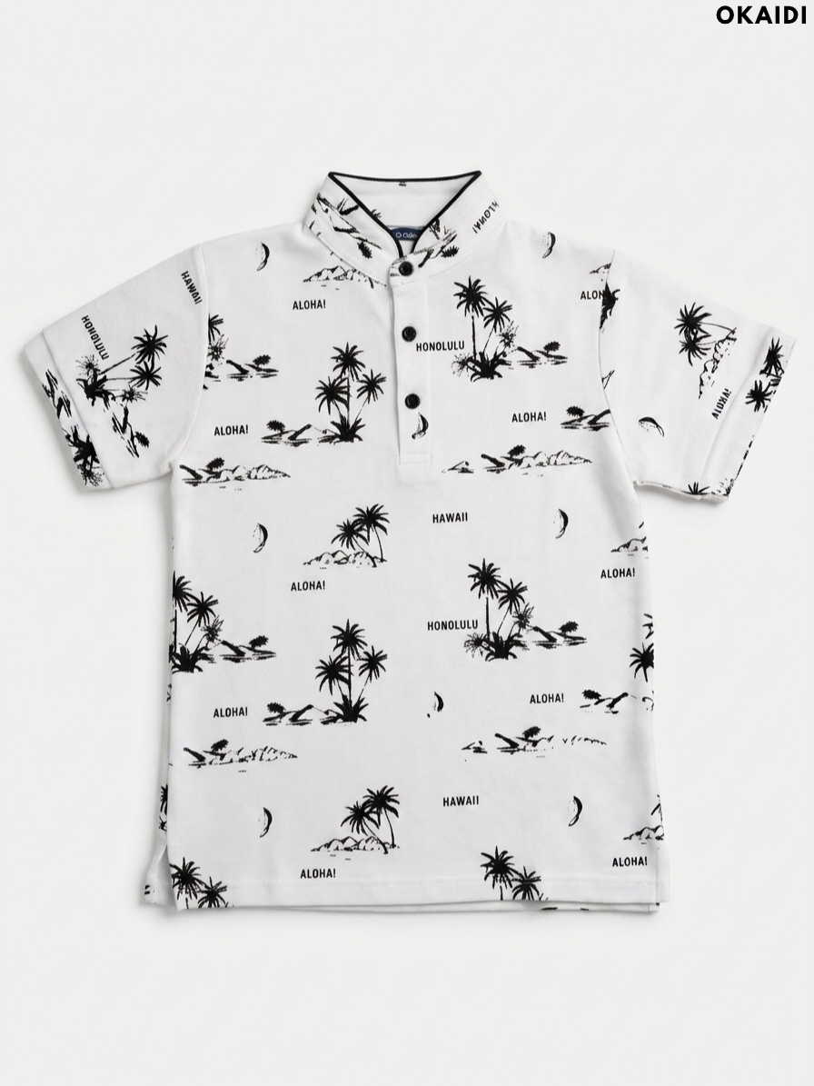 OKAIDI Boys' White Tropical Print Polo Shirt | Casual Summer Kids Wear