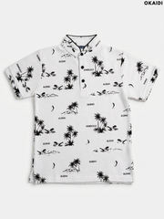 OKAIDI Boys' White Tropical Print Polo Shirt | Casual Summer Kids Wear