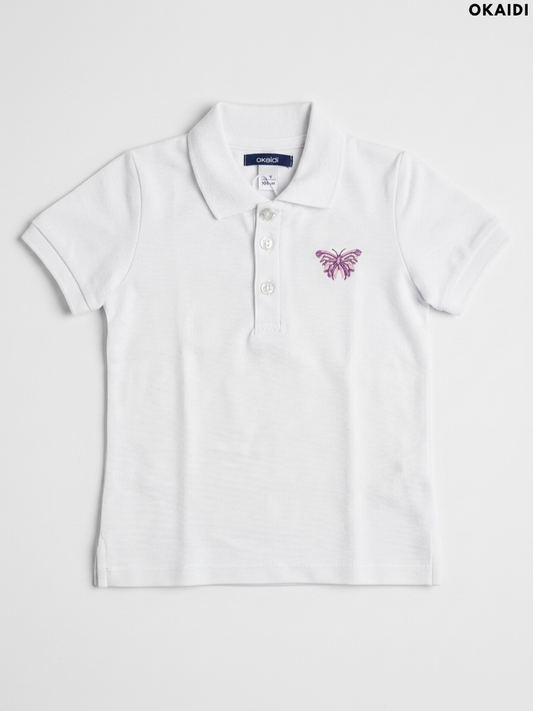 OKAIDI Girls' White Butterfly Embroidered Polo Shirt | Casual Kids Wear