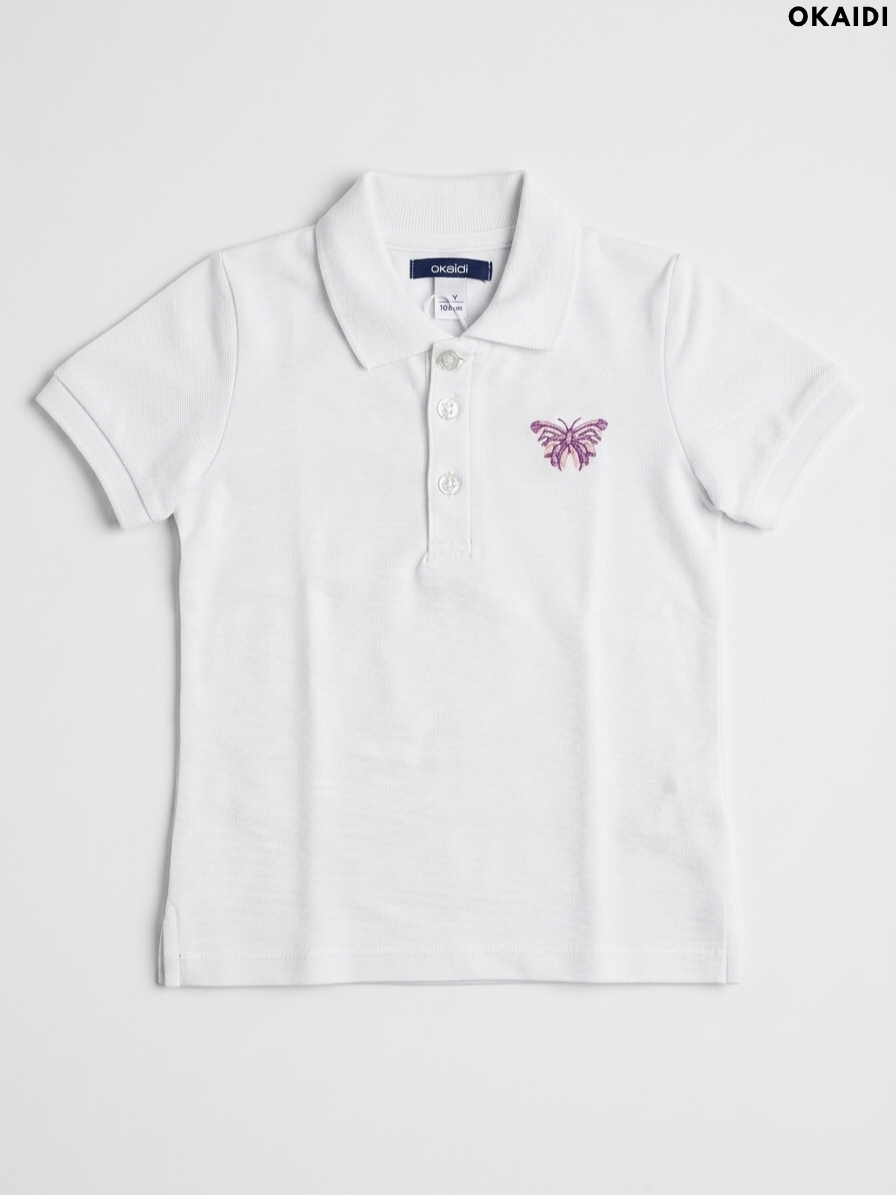 OKAIDI Girls' White Butterfly Embroidered Polo Shirt | Casual Kids Wear