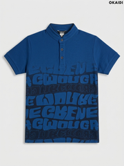 OKAIDI Boys' Blue Typographic Print Polo Shirt | Casual Kids Wear