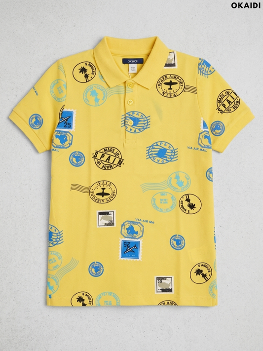 OKAIDI Boys' Yellow Stamp & Postcard Print Polo Shirt | Casual Summer Kids Wear