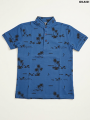 OKAIDI Boys' Blue Tropical Print Polo Shirt | Casual Summer Kids Wear