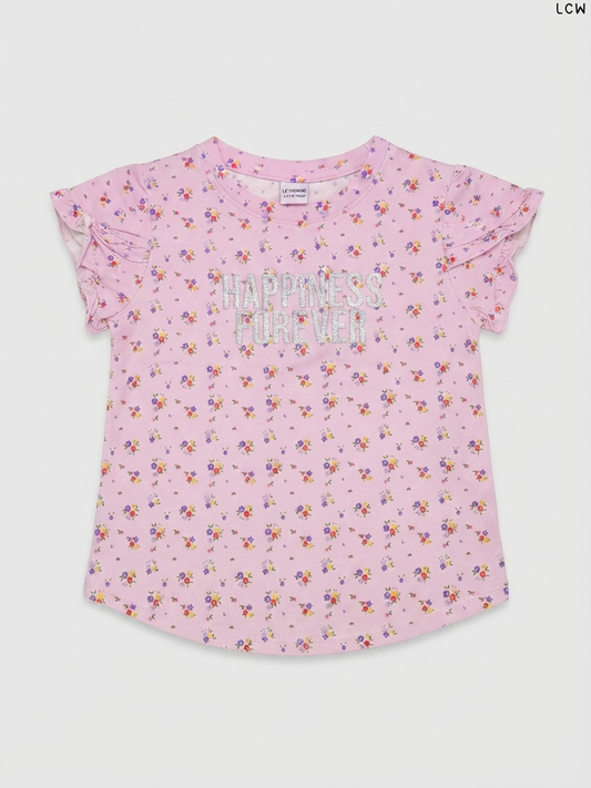 LCW "Happiness Forever" Floral Ruffle-Sleeve Girls' T-Shirt (Pink)